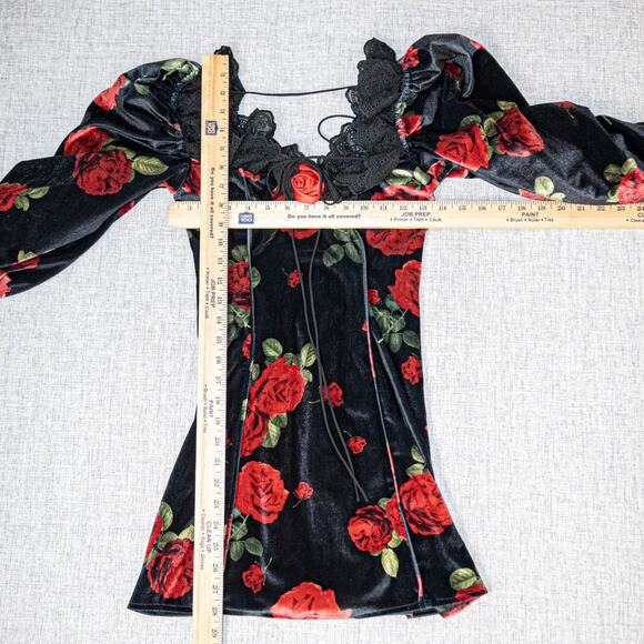 For Love & Lemons Yara Printed Velvet Mini Dress Black rose red size 2XS - Picture 12 of 13